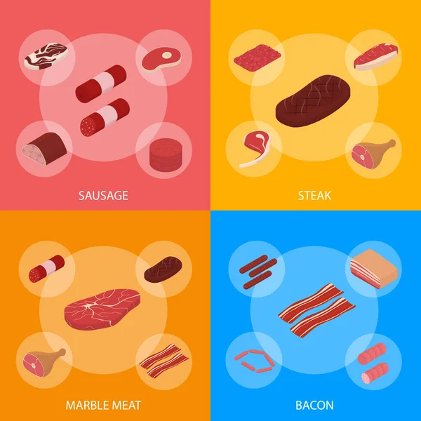 Carne Concepto Banner Set 3d Isométrico Vista. Vector — Archivo Imágenes Vectoriales