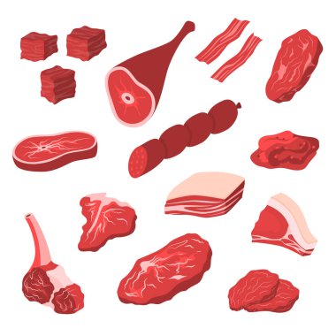 Çizgi film Renkli Et Biftek Simgesi Seti. Vektör