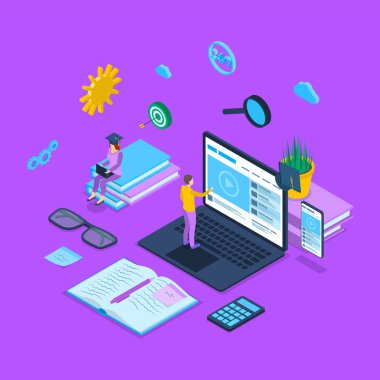 Renkli Çevrimiçi Eğitim Konsepti 3d Isometric View. Vektör