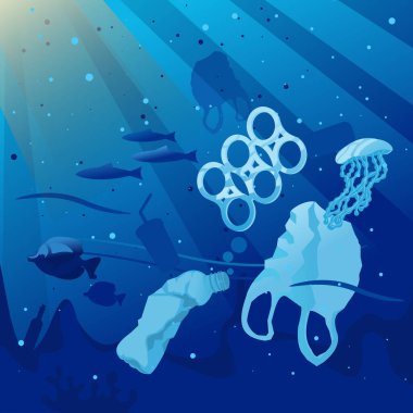 Çizgi film Renkli Okyanus Atık Arkaplan Sahnesi. Vektör