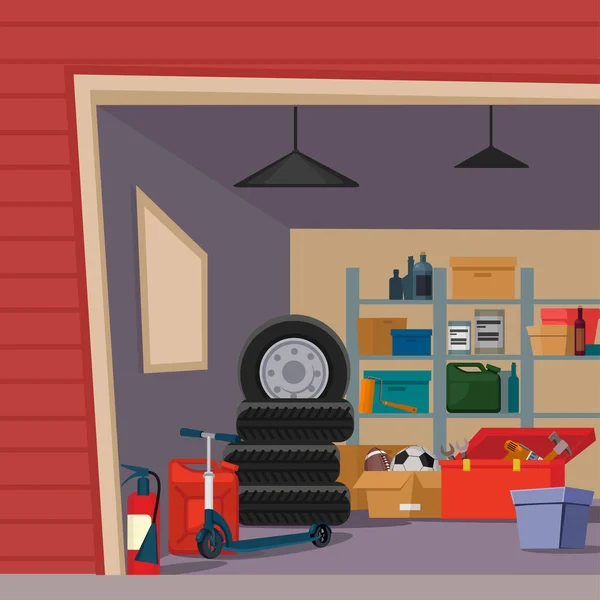Dibujos animados Color Garaje Interior Concepto Interior. Vector — Vector de stock