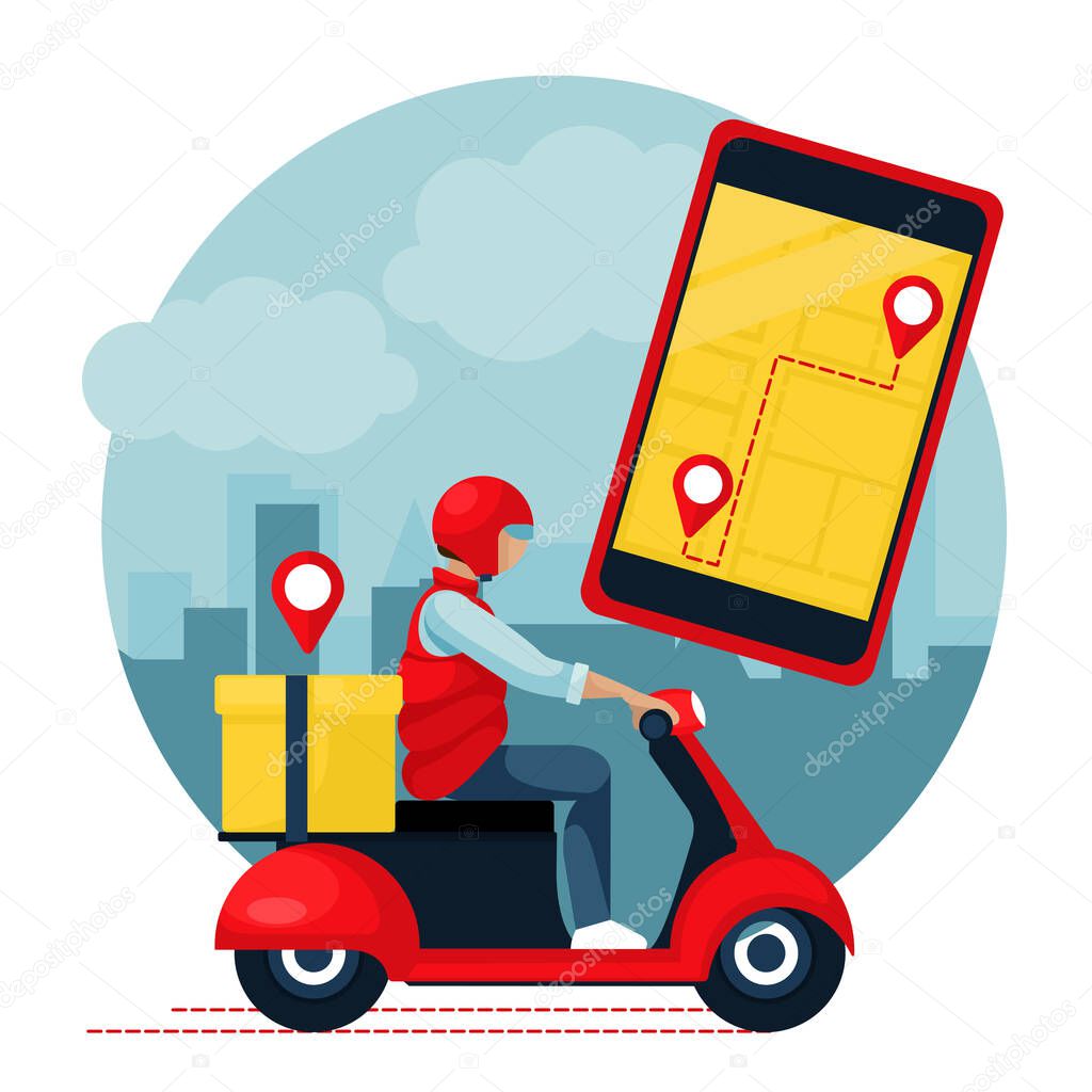 Cartoon Color Character Person and Food delivery App Concept. Vector