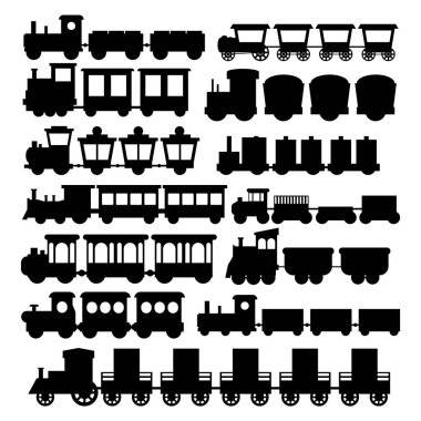 Çizgi film Silueti Siyah Tren Oyuncak Çocuk Set Konsepti. Vektör