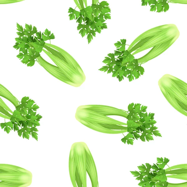 Realistische 3D Detaillierte grüne frische Sellerie nahtlose Muster Hintergrund. Vektor — Stockvektor
