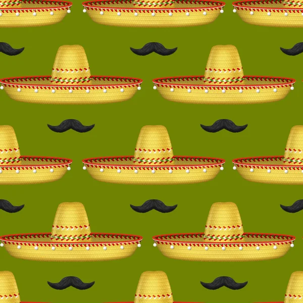 现实3D详细的墨西哥Sombrero Hat无缝隙图案背景。B.病媒 — 图库矢量图片