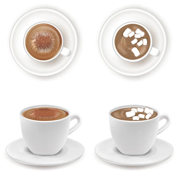 Realistyczne szczegółowe 3d Biały kubek z kakao lub zestaw do kawy. Wektor — Wektor stockowy