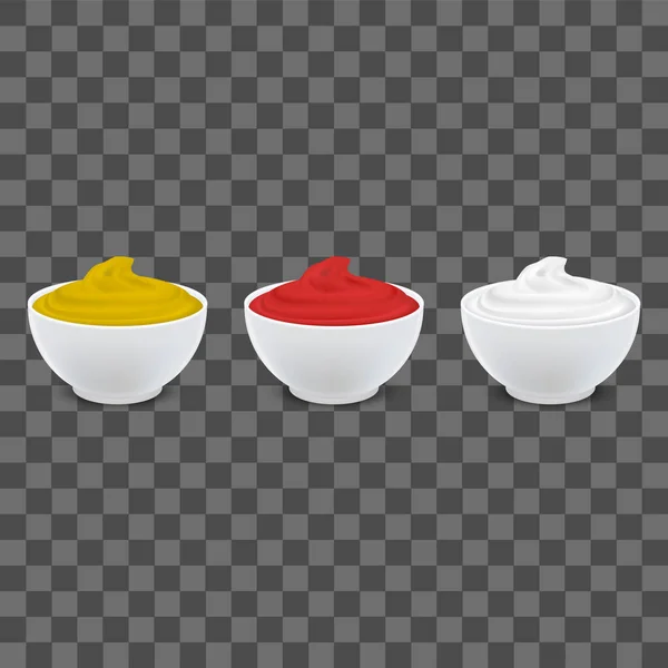 Realistisches 3D Detailliertes Set aus weißer Mayonnaise, Senf und Ketchup-Schalen mit Sauerrahm. Vektor — Stockvektor