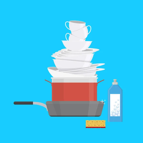 Cartoon Color Clean Dishes Set on a Blue. Вектор — стоковый вектор