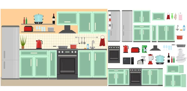 Cartoon Color Kitchen Room Interior Inside Concept. Vector — Stock Vector