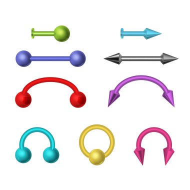 Gerçekçi 3d Detaylı Parlak Renkli Metal Piercing Mücevher Seti. Vektör