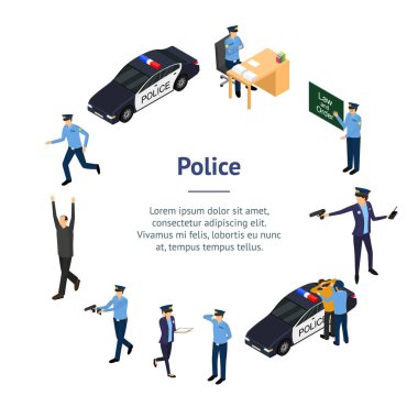 Üniformalı Polis Teşkilatı Afiş Kartı 3D Isometric View. Vektör