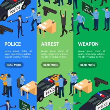 Karakter Polis Teşkilatı Üniformalı Konsept Sancak Vektörel Set 3d Isometric View. Vektör