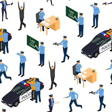 Karakter Polis Teşkilatı Kusursuz Düzen Arkaplan 3D Isometric View. Vektör
