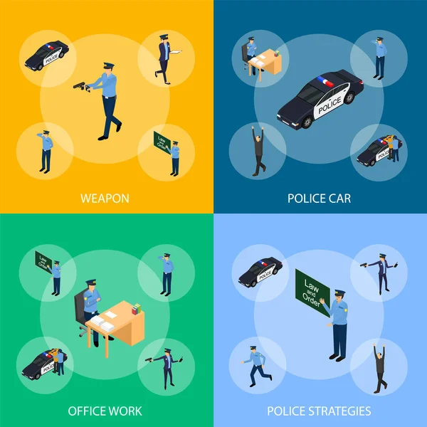 Karakter Polis Teşkilatı Konsept Banner 3D Isometric View. Vektör