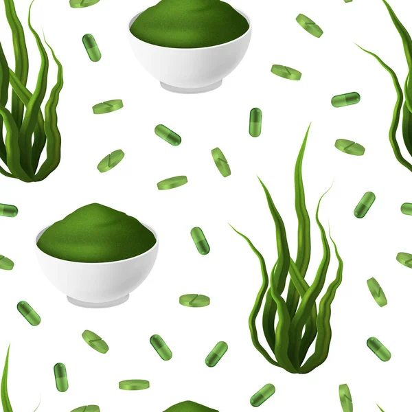 Realistische detaillierte 3D grüne Spirulina nahtlose Muster Hintergrund. Vektor — Stockvektor