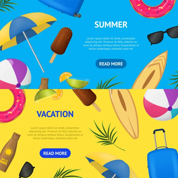 Realista detalhada 3d férias de verão conceito Banner Horizontal Set. Vetor — Vetor de Stock