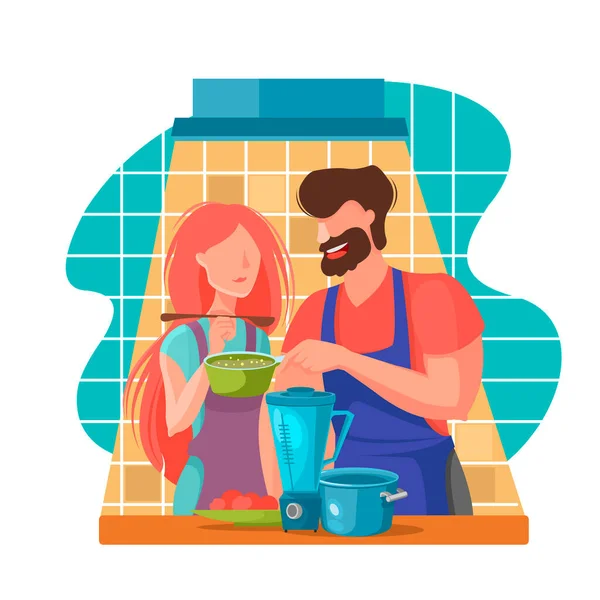 Personnages de couleur de bande dessinée Personnes Couple Cooks Concept. Vecteur — Image vectorielle