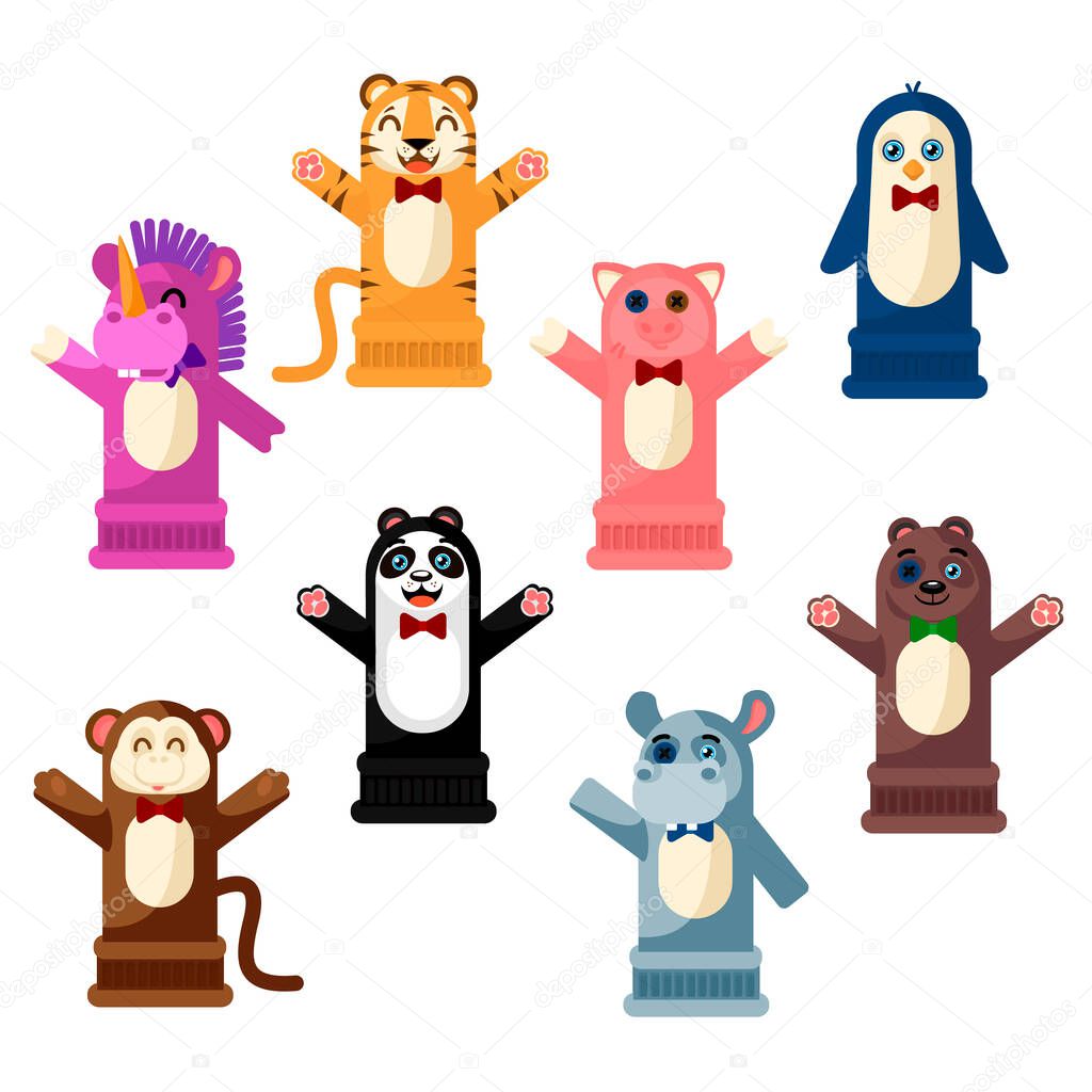 Cartoon Color Hand Puppets Icons Set. Vector