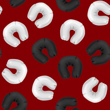 Gerçekçi 3D Detaylı Beyaz ve Siyah Yastık Seyahatleri Kusursuz Şablon Arkaplanı. Vektör