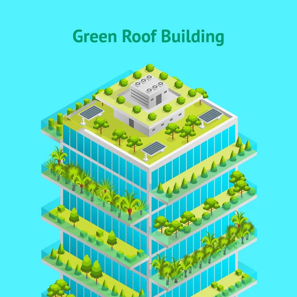 Futuriste gratte-ciel avec Green Roof Concept Card 3d vue isométrique. Vecteur — Image vectorielle