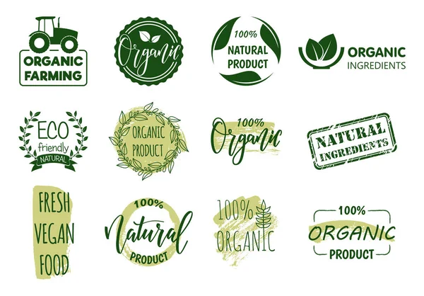 Çizgi film Renkli Organik Gıda Etiketi İşaret Tabelası Düz Tasarım Biçimi. Vektör