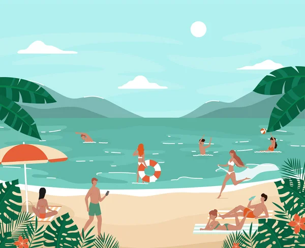 Personajes de dibujos animados de color de personas que se divierten en el concepto de playa. Vector — Vector de stock
