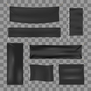 Gerçekçi 3d Ayrıntılı Kara Boş Tekstil Reklam Sancak Şablonu Model Seti. Vektör