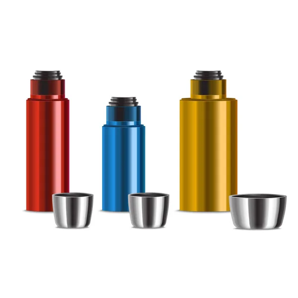 Realista 3d detalhada cor brilhante Metal Thermos Set. Vetor —  Vetores de Stock