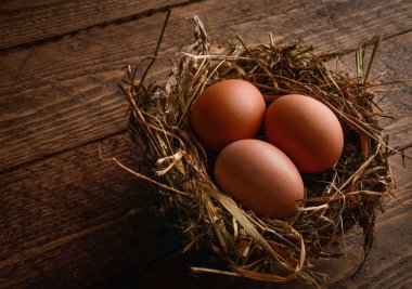 Ahşap arka plan üzerinde bir hasır saman içinde tavuk yumurta yuva