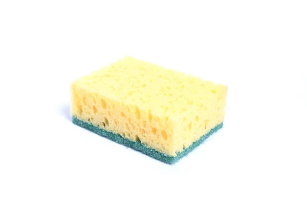A yellow kitchen sponge isolated against white background in different poses. — Stock Photo, Image