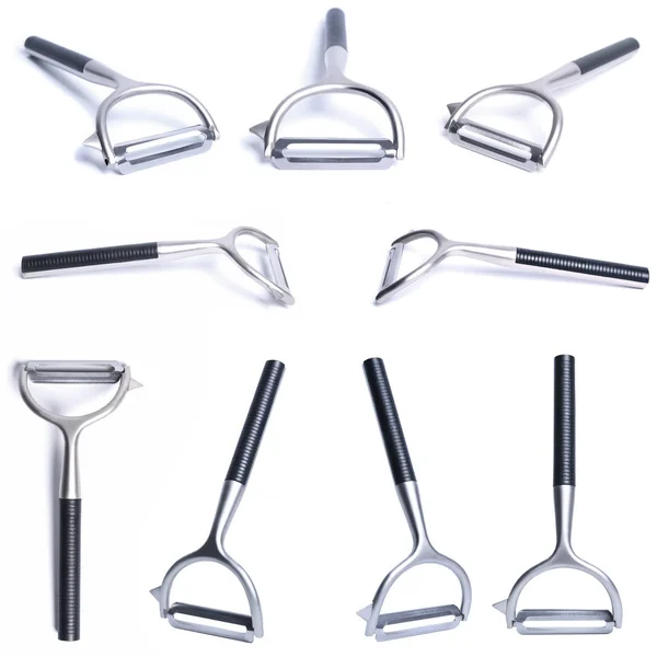 Vegetable peeler metal isolated in different poses on white background — 스톡 사진