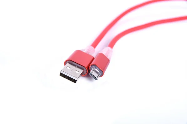 Red USB cable for smartphone charge isolated on white background. — 스톡 사진