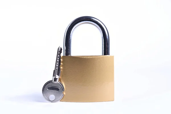 Locked Golden Padlock with keys on the white background. — 스톡 사진