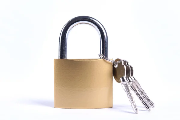 Locked Golden Padlock with keys on the white background. — 스톡 사진