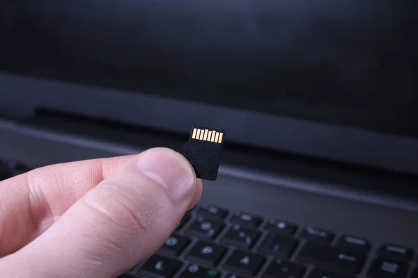 Hand houdt flash drive, Micro Sd geheugenkaart adapter op laptop achtergrond. close-up — Stockfoto