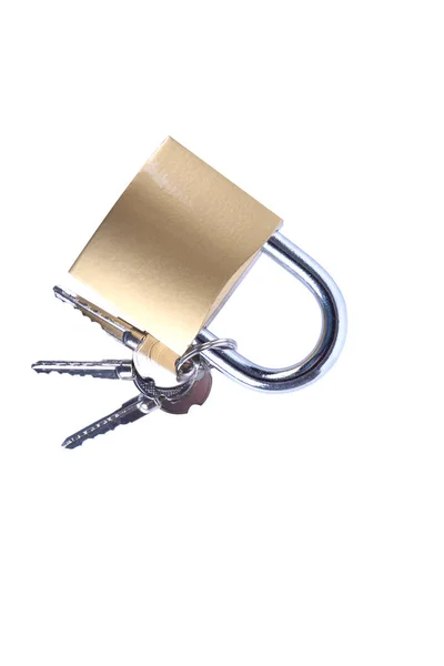 Locked Golden Padlock with keys on the white background. — 스톡 사진