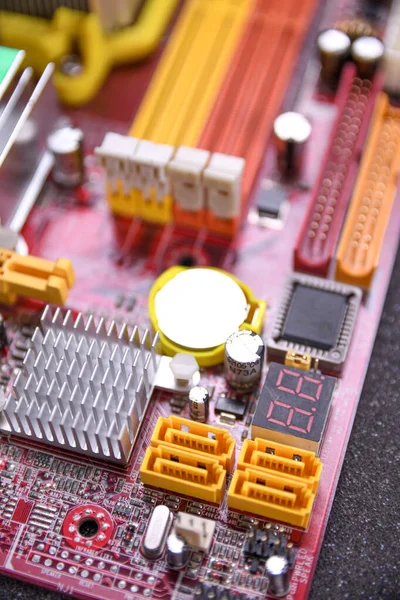 Computer Moederbord Elektronische Componenten Cpu Gpu Geheugen Verschillende Stopcontacten Voor — Stockfoto