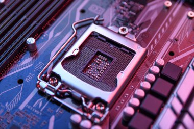 Bilgisayar ana kartı ve elektronik bileşenler Cpu gpu belleği ve bir video kartı için farklı soketler