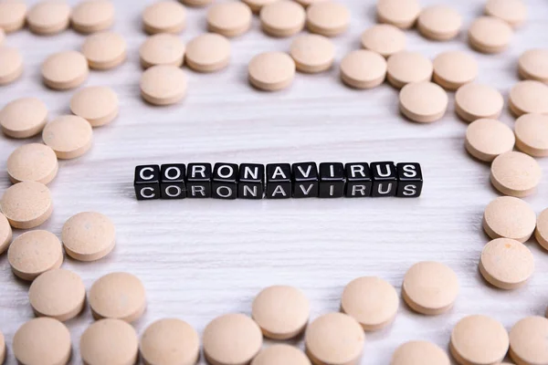 Word Inscription Coronavirus Wooden Background Frame Medical Pills Corona Virus — Stock Photo, Image