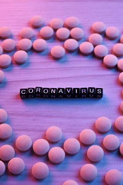 Word Inscription Coronavirus Wooden Background Frame Medical Pills Corona Virus — Stock Photo, Image