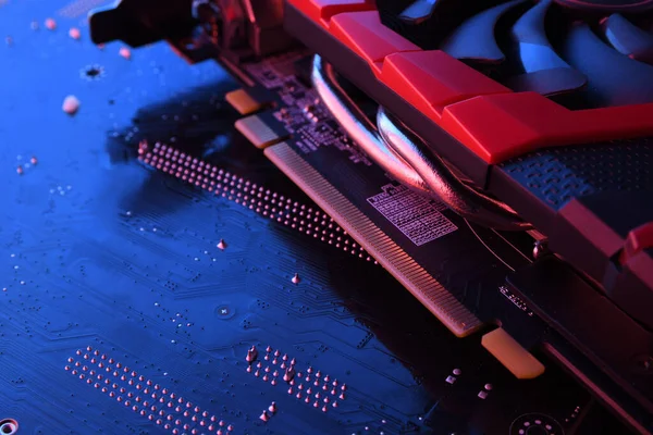 Computer game graphics card, videocard with two coolers on circuit board ,motherboard background. Close-up. With red-blue lighting.