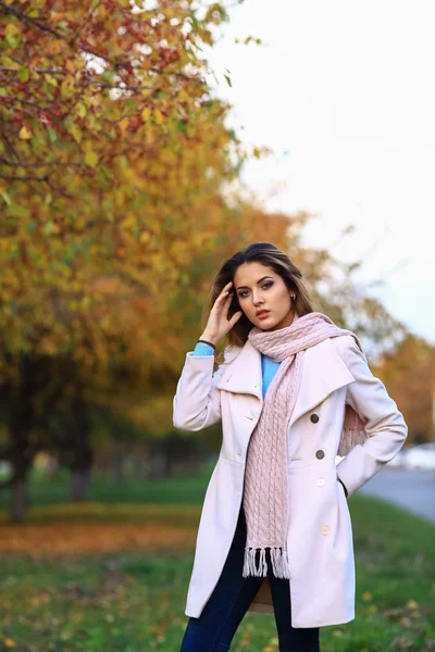 Giovane bella donna nel parco autunnale posa — Foto Stock