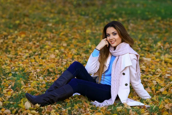 Wanita muda tersenyum dan jatuh kuning maple taman latar belakang. ruang kosong — Stok Foto