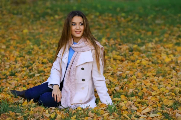 Junge Frau lächelnd auf dem Rasen im Herbst sitzend. Herbst gelb Ahorn Garten Hintergrund. — Stockfoto