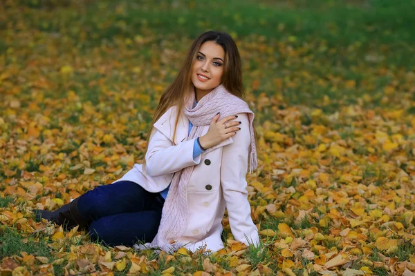 Junge Frau lächelnd auf dem Rasen im Herbst sitzend. Herbst gelb Ahorn Garten Hintergrund. — Stockfoto