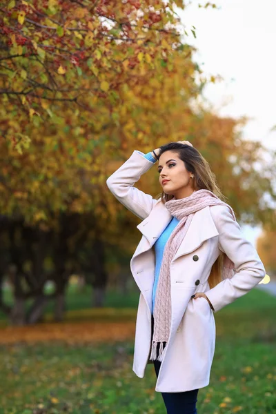 Giovane bella donna nel parco autunnale posa — Foto Stock