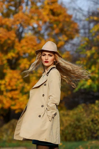 Donna di moda a piedi nel parco autunnale — Foto Stock