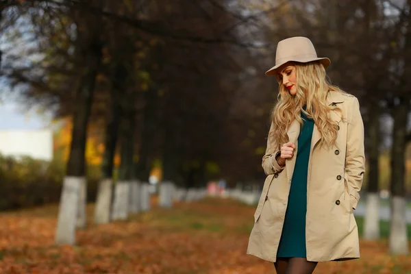 Donna di moda a piedi nel parco autunnale — Foto Stock