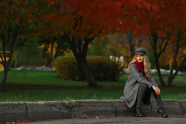 Hermosa mujer se sienta en el camino en el parque de otoño —  Fotos de Stock