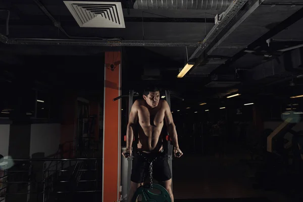 Muscular fisiculturista trabalhando fora no ginásio fazendo exercícios em barras paralelas. Atlético masculino nu torso . — Fotografia de Stock